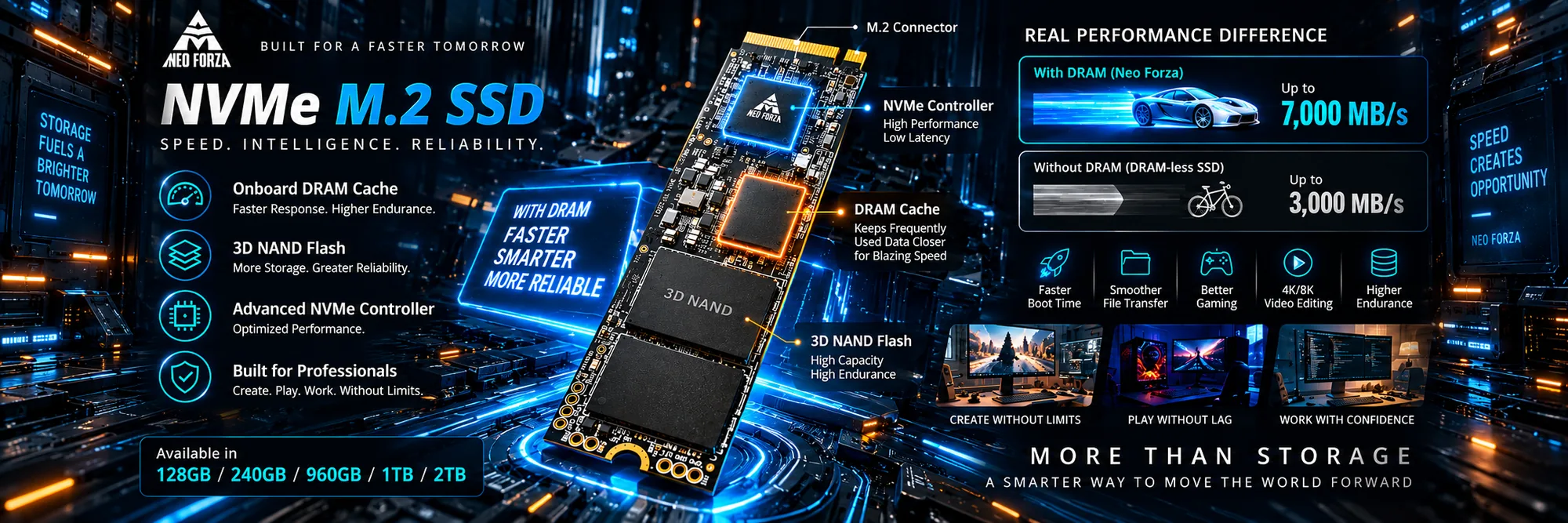 Neo Forza NVMe M.2 SSD with onboard DRAM cache — up to 7000 MB/s with DRAM against 3000 MB/s without, 128 GB to 2 TB