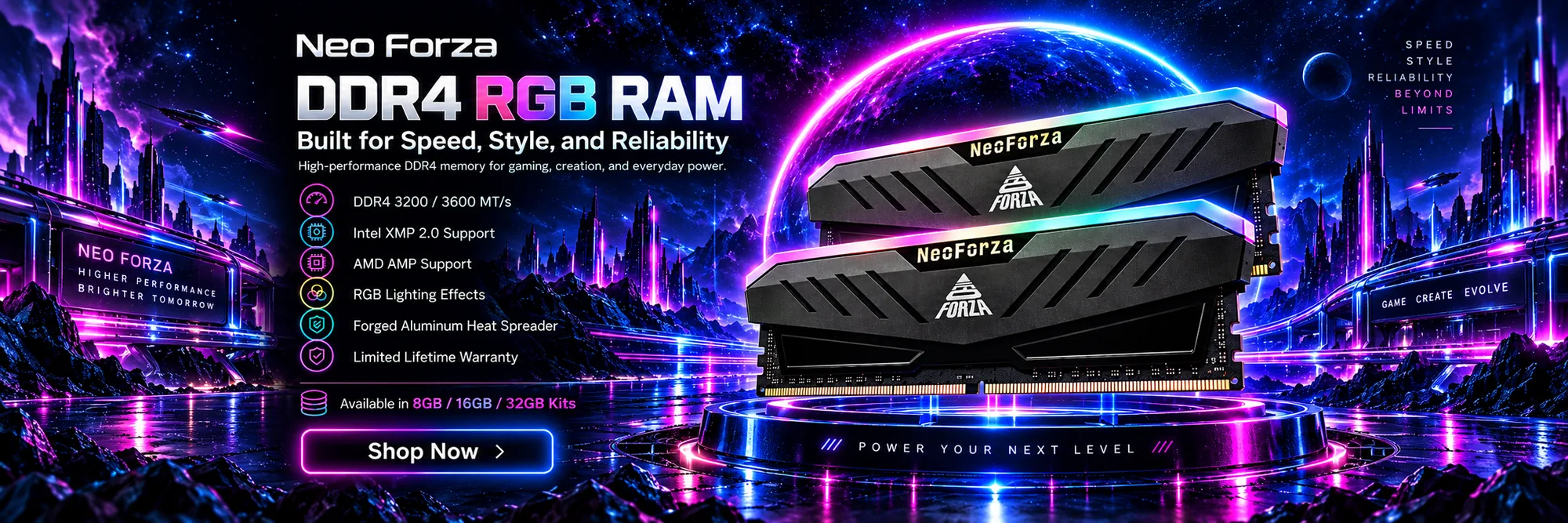 Neo Forza DDR4 RGB RAM — DDR4-3200 and 3600, Intel XMP 2.0 and AMD AMP, RGB lighting, 8 GB to 32 GB kits
