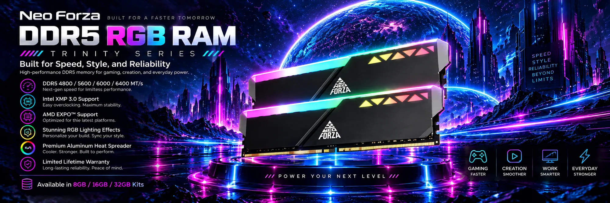 Neo Forza DDR5 RGB RAM, Trinity series — DDR5-4800 to 6400, Intel XMP 3.0 and AMD EXPO, premium aluminium heat spreader, 8 GB to 32 GB kits