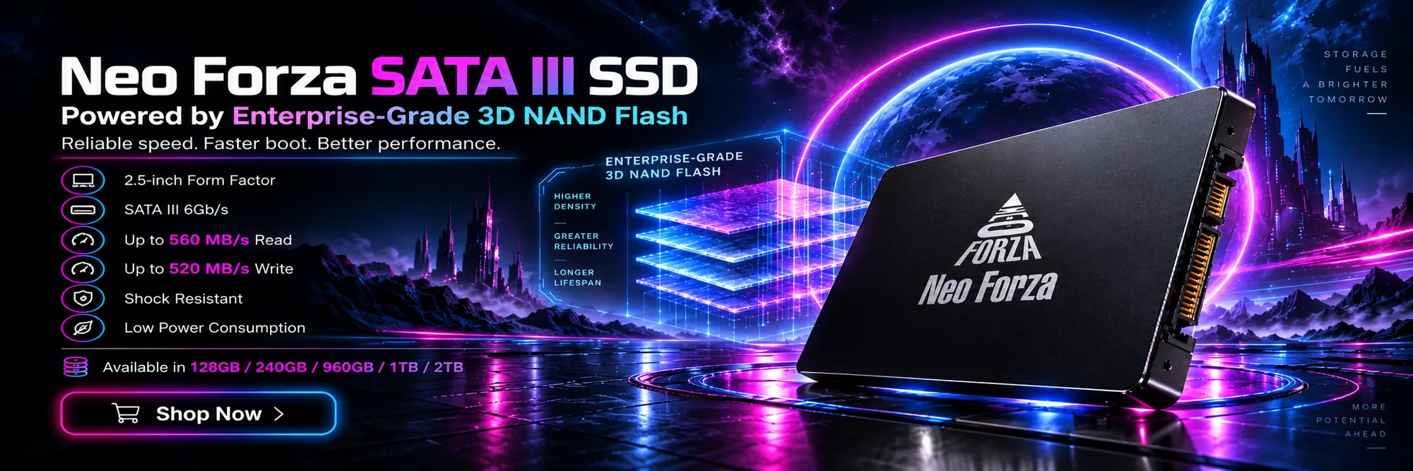 Neo Forza SATA III SSD with enterprise-grade 3D NAND — up to 560 MB/s read and 520 MB/s write; 2.5-inch, SATA 6 Gb/s, shock resistant, 128 GB to 2 TB